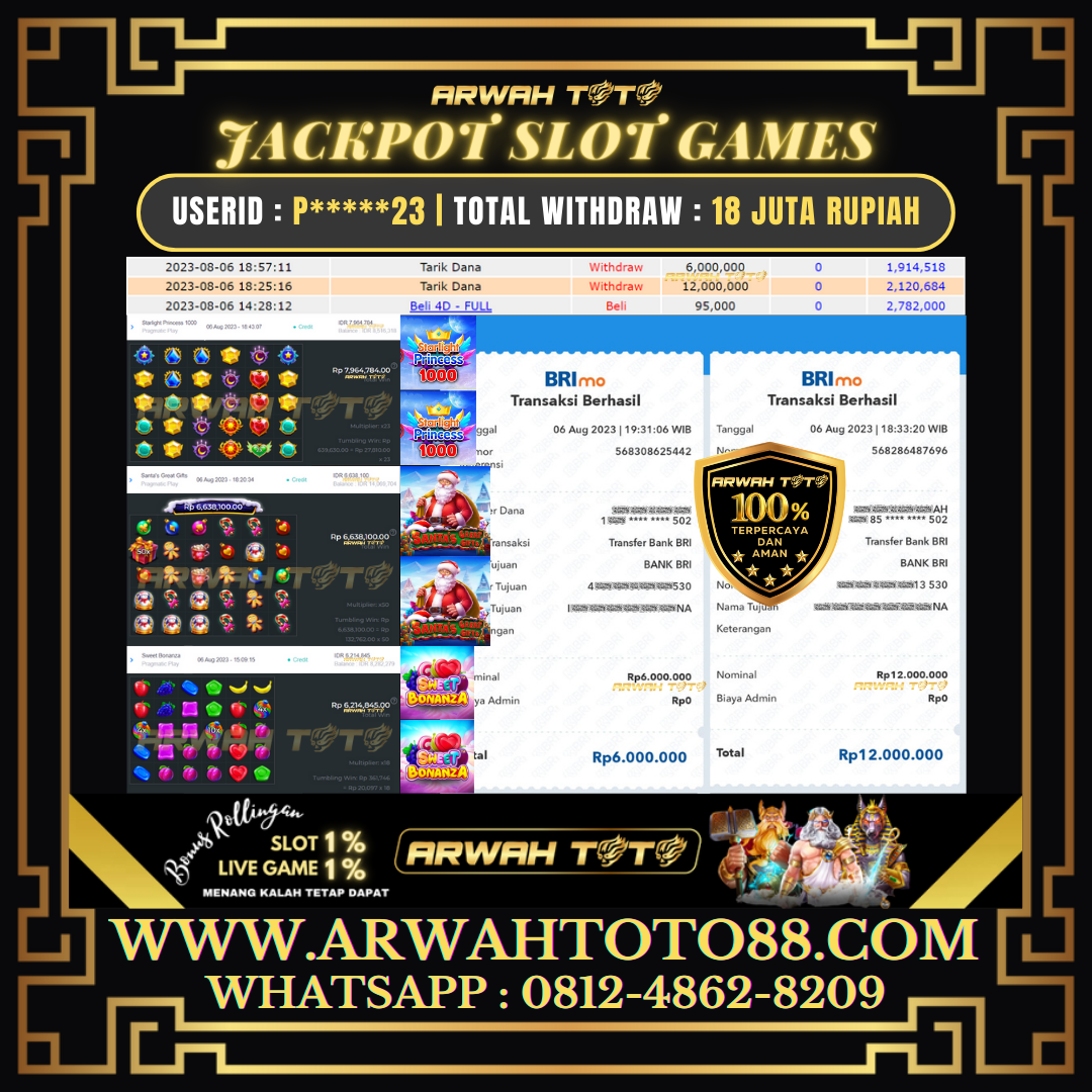 Bukti Pembayaran JP ARWAH TOTO LUNAS Jackpot SLOT Withdraw Berhasil Rp 18.000.000