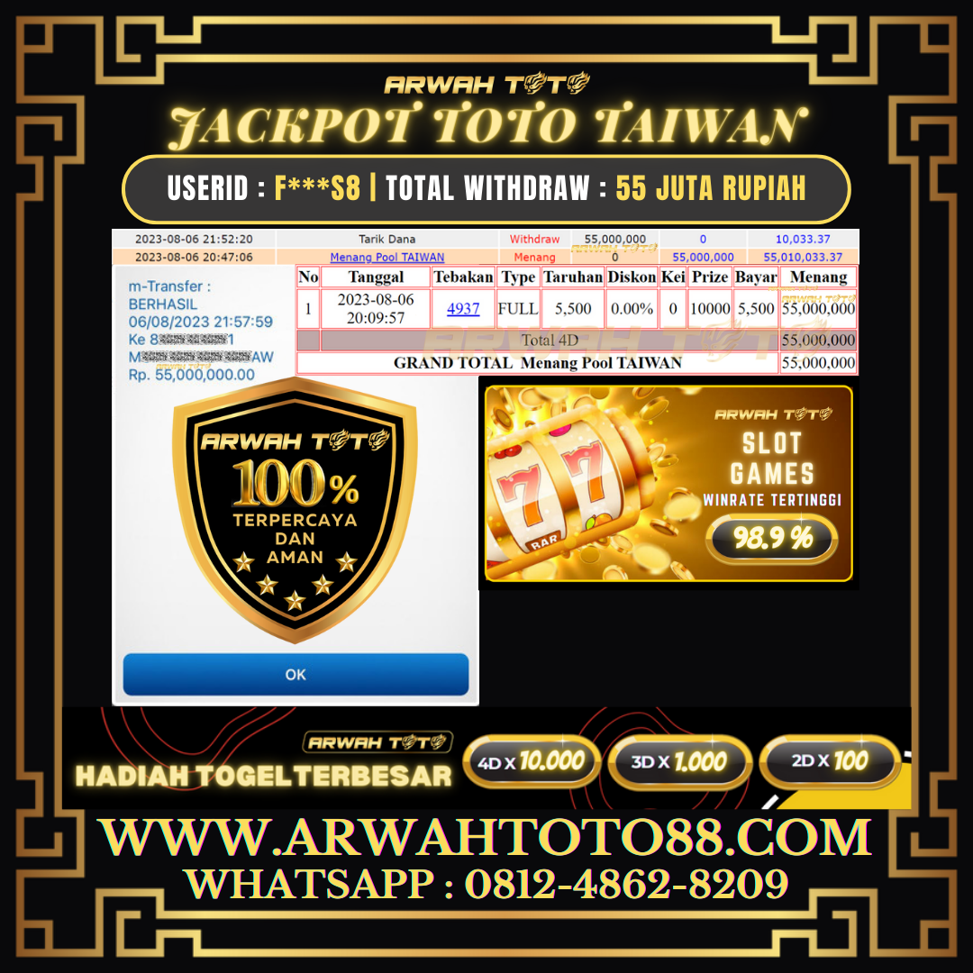 Bukti Pembayaran JP ARWAH TOTO LUNAS Jackpot TOTO TAIWAN Withdraw Berhasil Rp 55.000.000