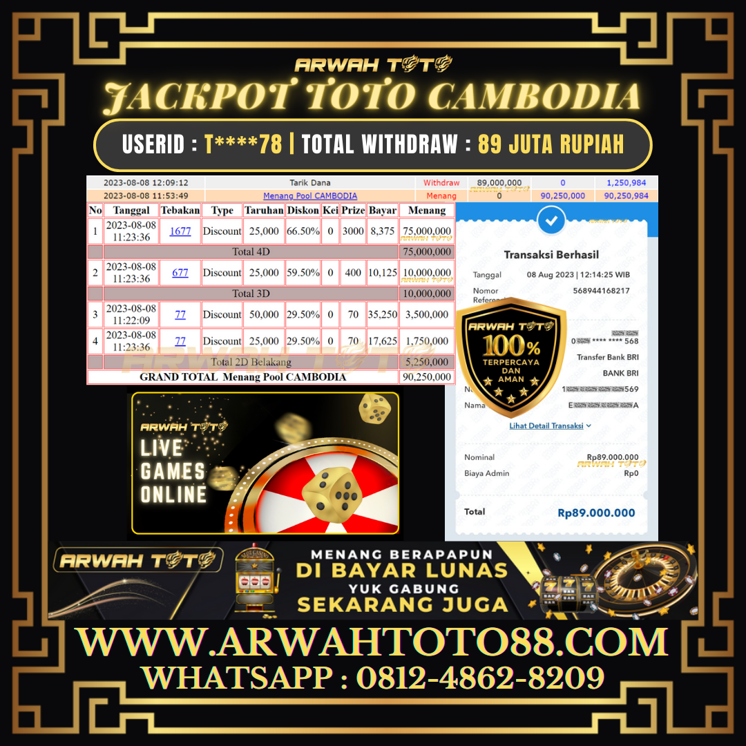 Bukti Pembayaran JP ARWAH TOTO LUNAS Jackpot TOTO CAMBODIA Withdraw Berhasil Rp 89.000.000