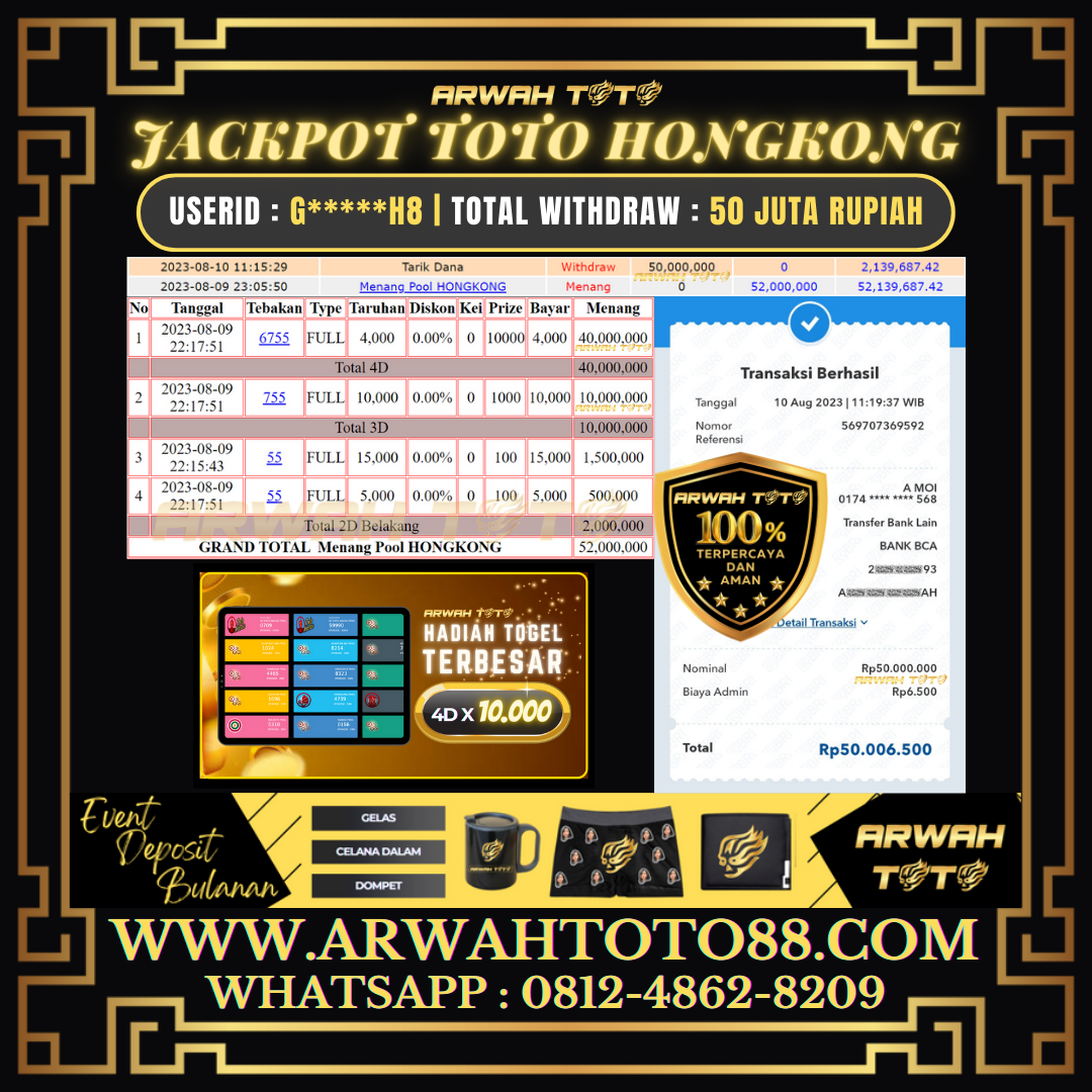 Bukti Pembayaran JP ARWAH TOTO LUNAS Jackpot TOTO HONGKONG Withdraw Berhasil Rp 50.000.000