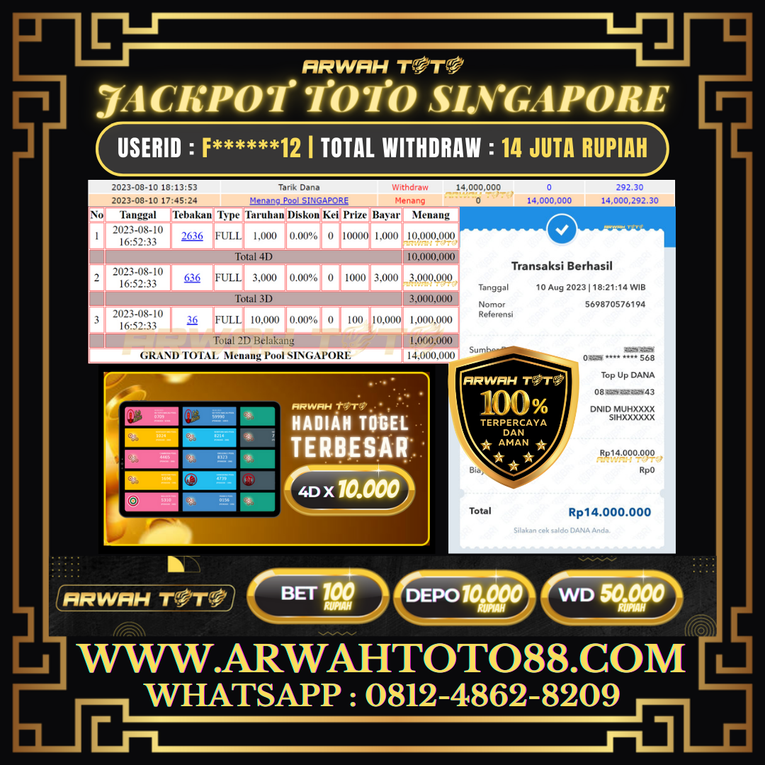 Bukti Pembayaran JP ARWAH TOTO LUNAS Jackpot TOTO SINGAPORE Withdraw Berhasil Rp 14.000.000