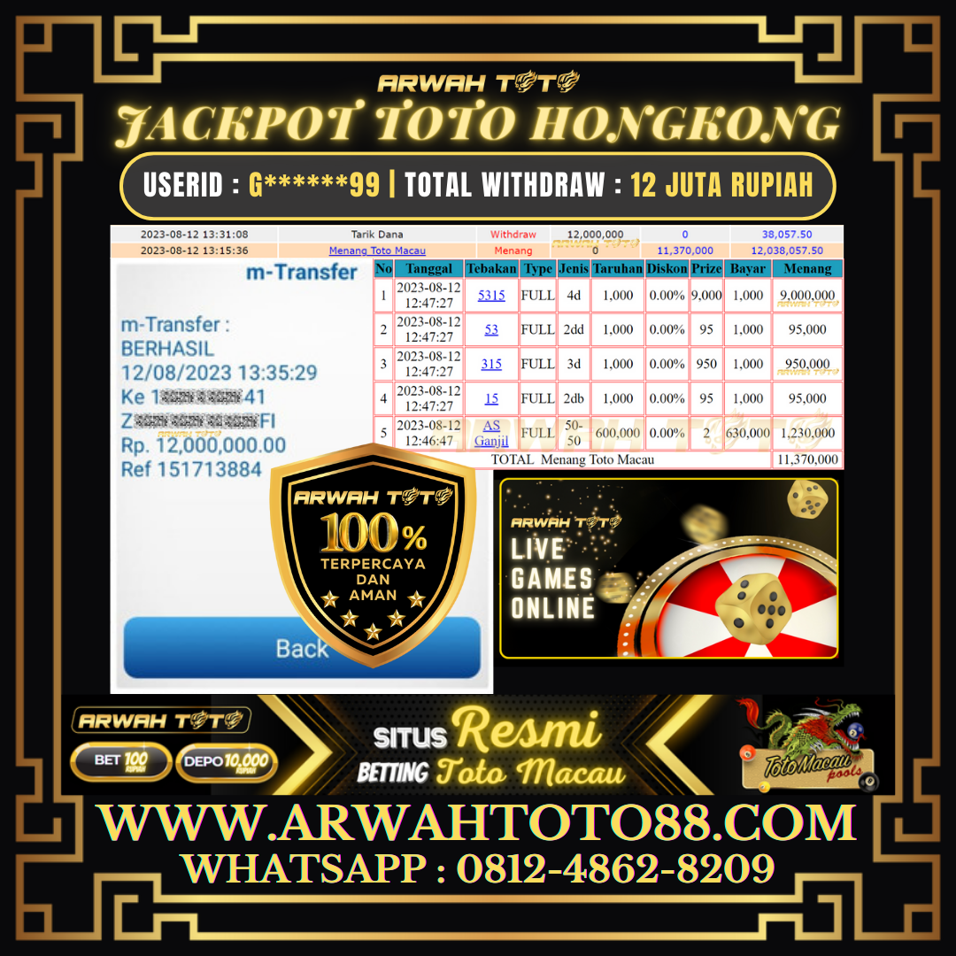 Bukti Pembayaran JP ARWAH TOTO LUNAS Jackpot TOTO MACAU Withdraw Berhasil Rp 12.000.000