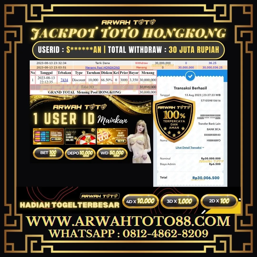 Bukti Pembayaran JP ARWAH TOTO LUNAS Jackpot TOTO HONGKONG Withdraw Berhasil Rp 30.000.000