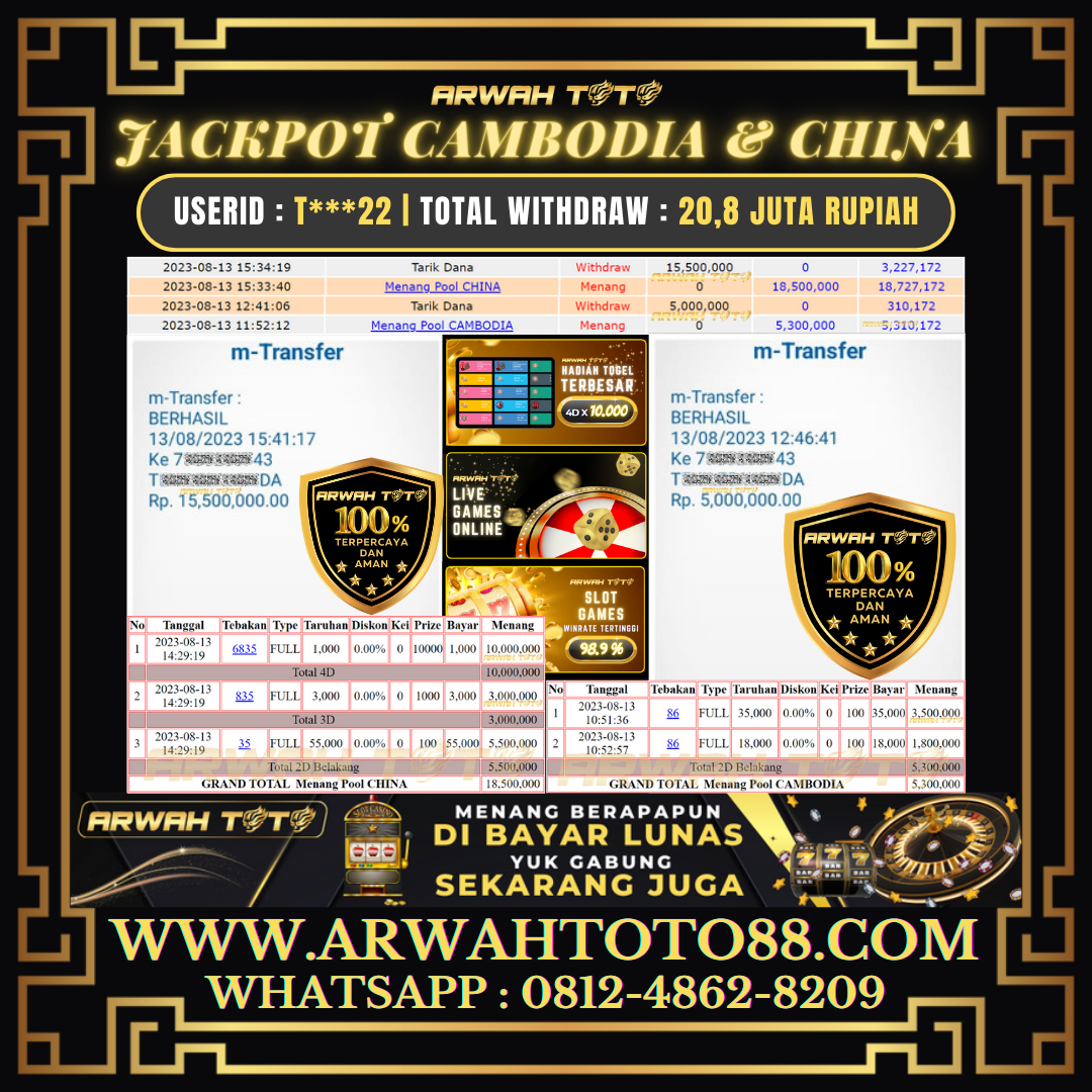 Bukti Pembayaran JP ARWAH TOTO LUNAS Jackpot TOTO CHINA Withdraw Berhasil Rp 20.800.000