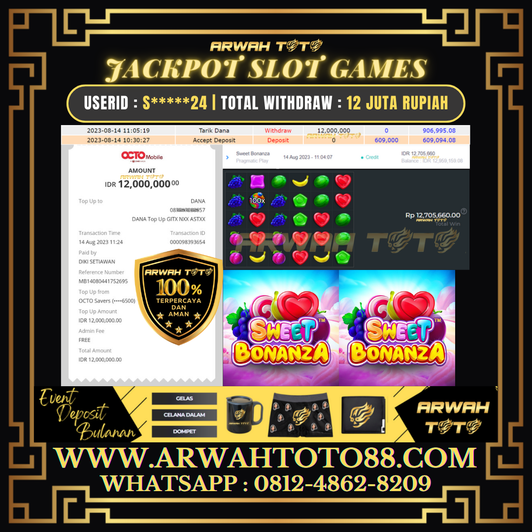 Bukti Pembayaran JP ARWAH TOTO LUNAS Jackpot SLOT Withdraw Berhasil Rp 12.000.000