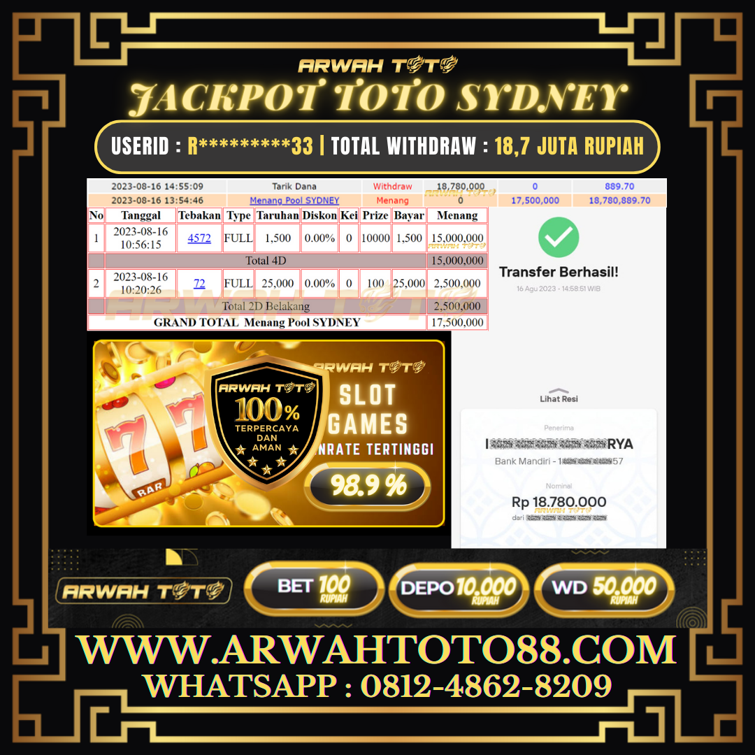 Bukti Pembayaran JP ARWAH TOTO LUNAS Jackpot TOTO SYDNEY Withdraw Berhasil Rp 18.780.000
