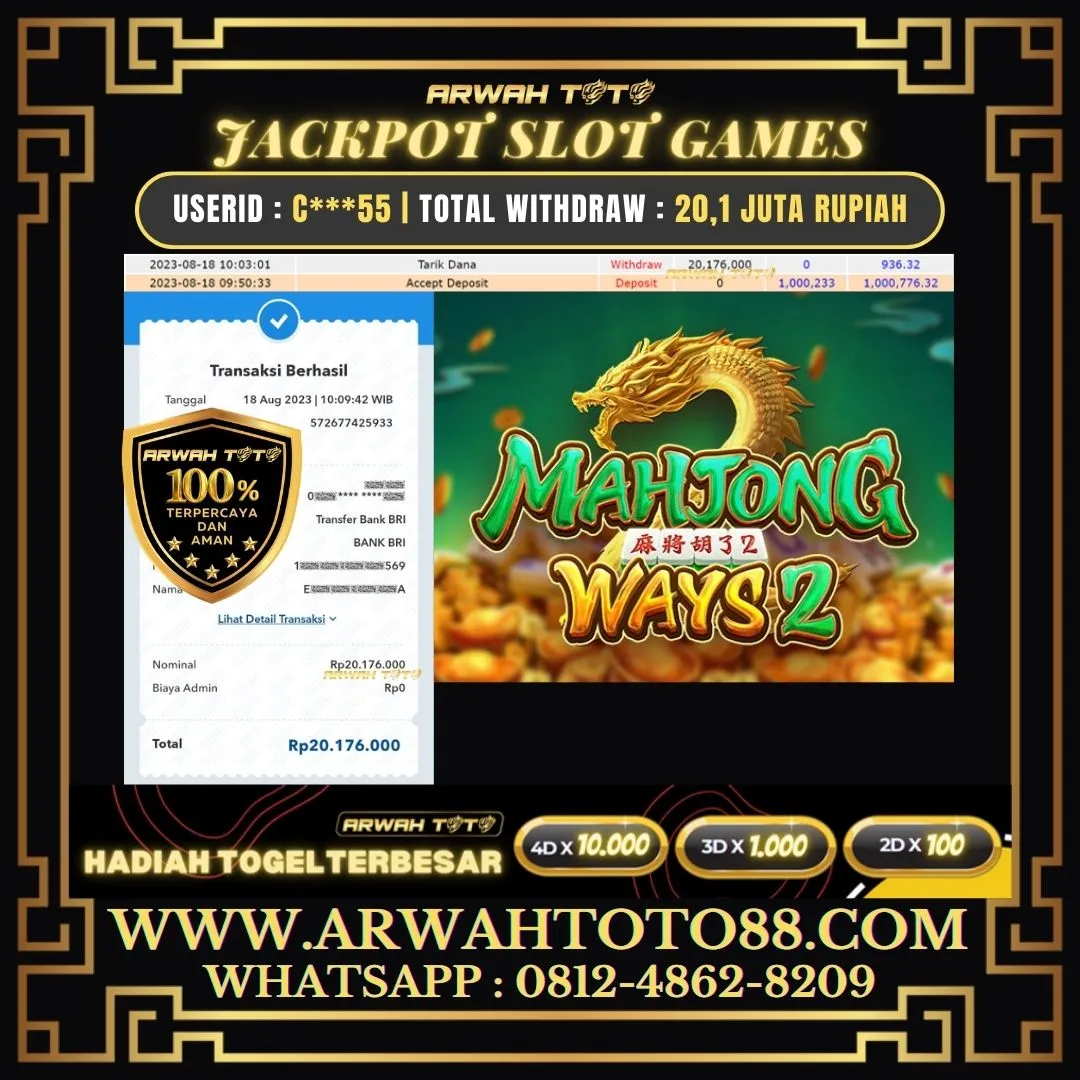Bukti Pembayaran JP ARWAH TOTO LUNAS Jackpot SLOT Withdraw Berhasil Rp 20.176.000