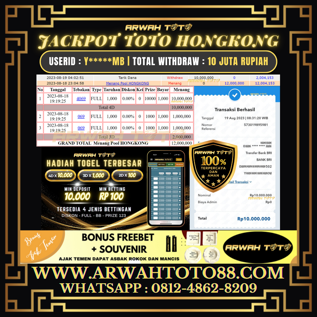 Bukti Pembayaran JP ARWAH TOTO LUNAS Jackpot TOTO HONGKONG Withdraw Berhasil Rp 10.000.000