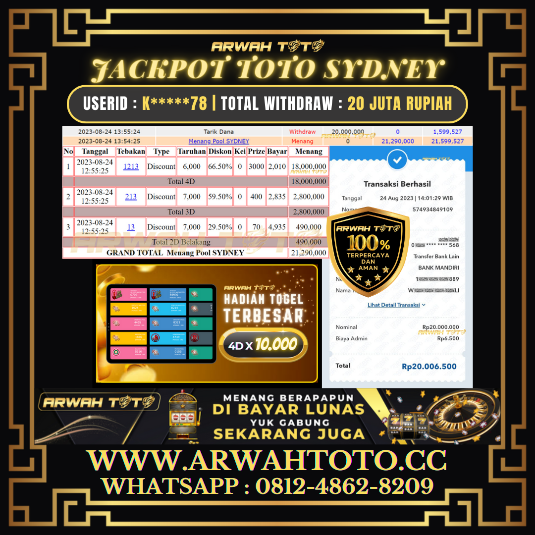 Bukti Pembayaran JP ARWAH TOTO LUNAS Jackpot TOTO SYDNEY Withdraw Berhasil Rp 20.000.000