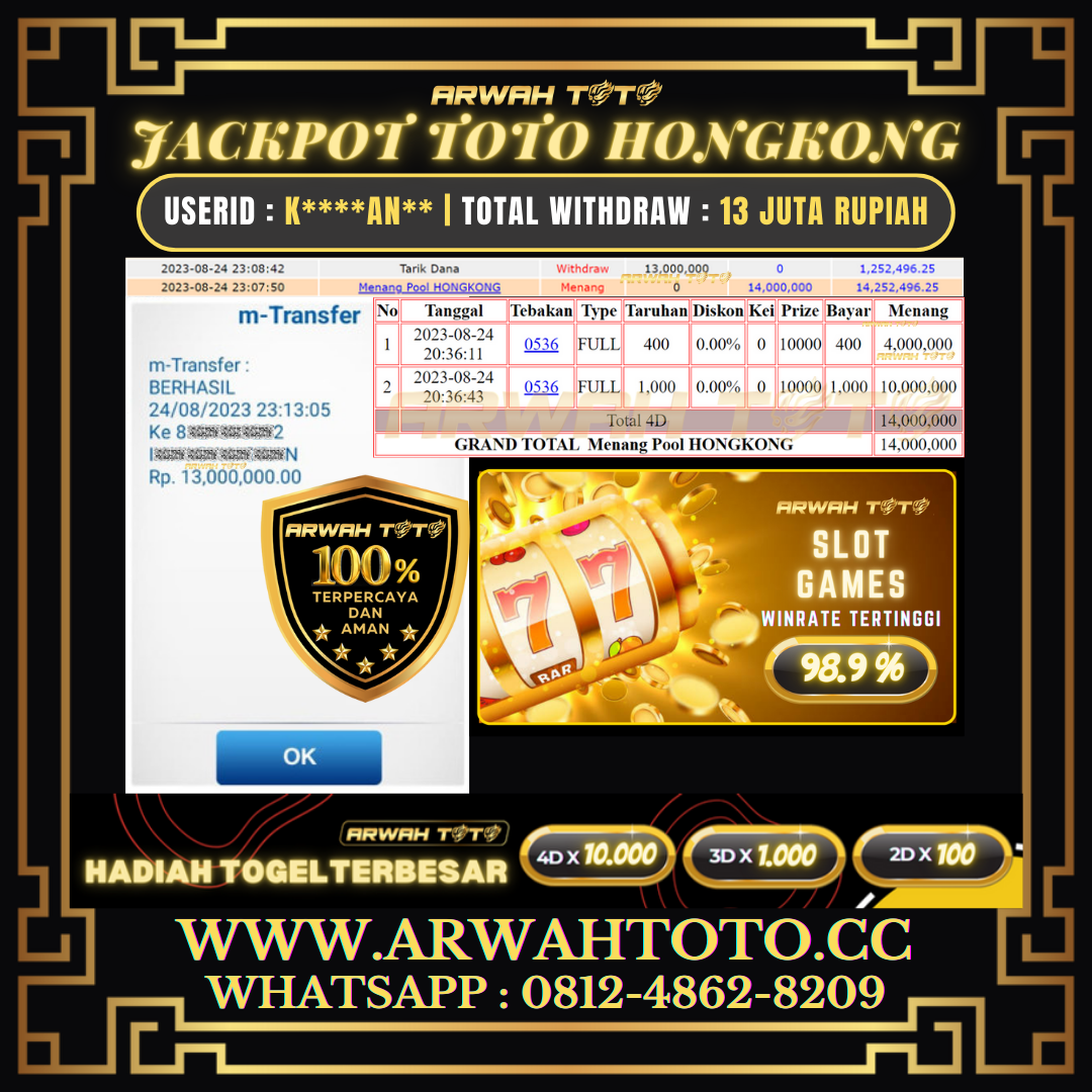 Bukti Pembayaran JP ARWAH TOTO LUNAS Jackpot TOTO HONGKONG Withdraw Berhasil Rp 13.000.000
