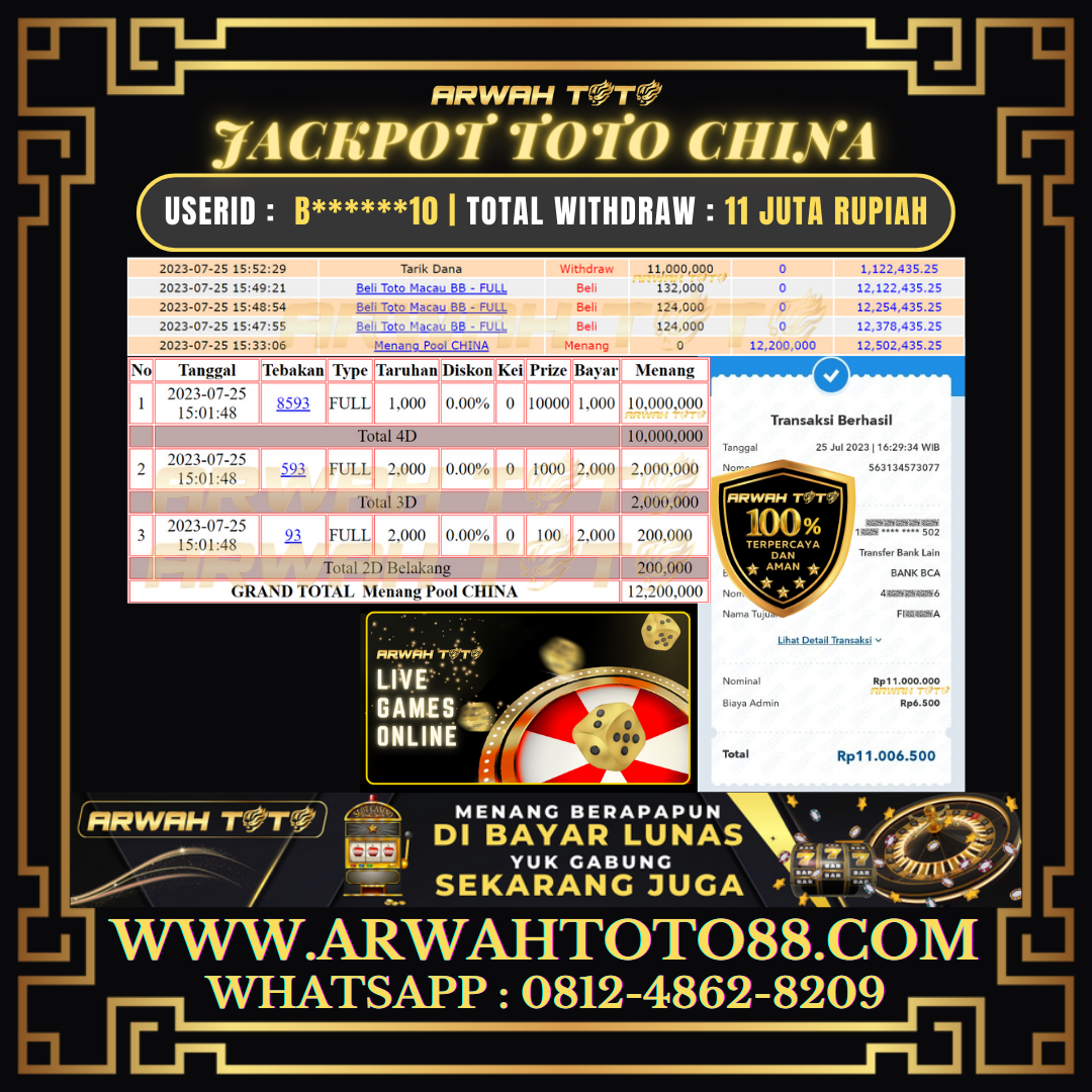 Bukti Pembayaran JP ARWAH TOTO LUNAS Jackpot CHINA Withdraw Berhasil Rp 11.000.000