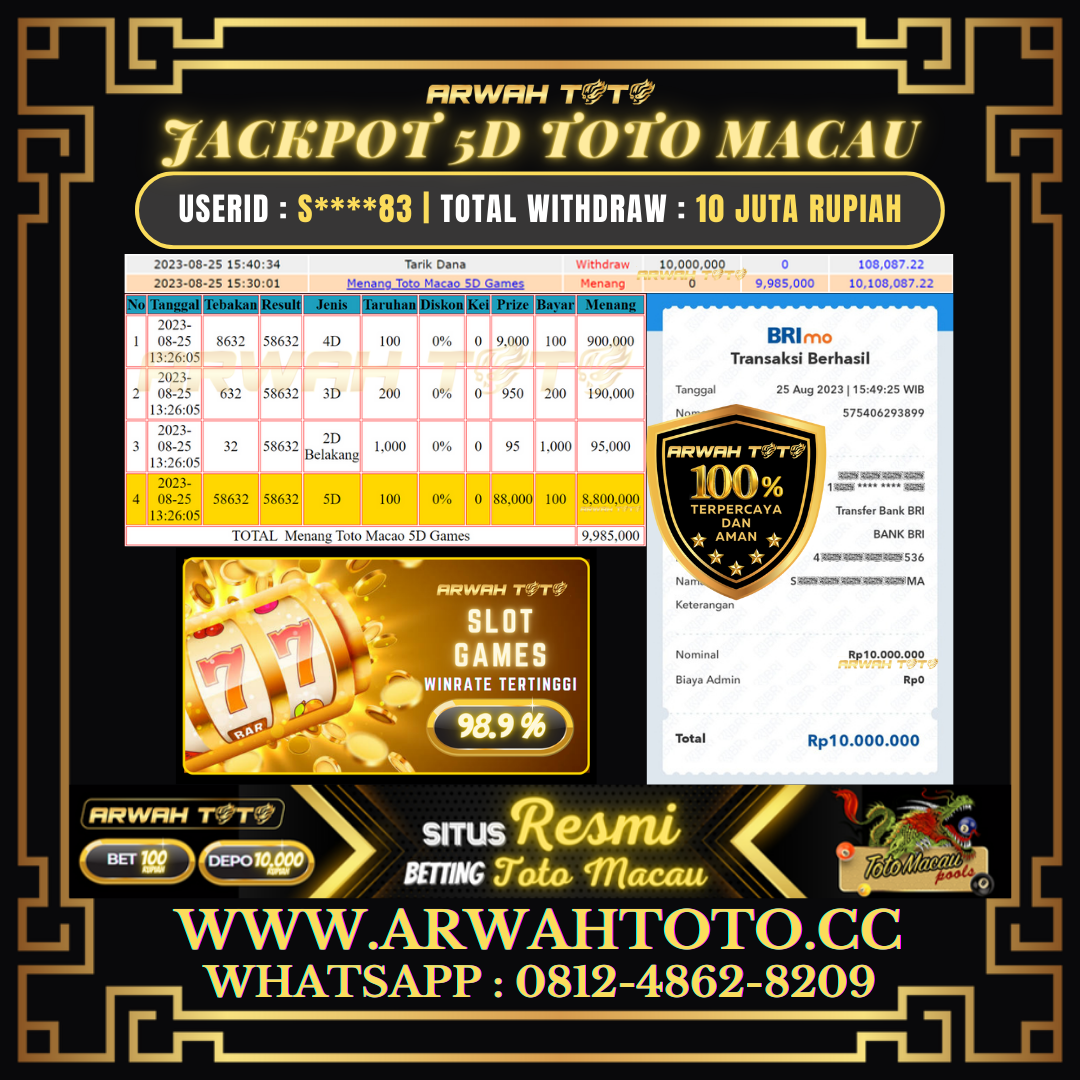 Bukti Pembayaran JP ARWAH TOTO LUNAS Jackpot 5D TOTO MACAU Withdraw Berhasil Rp 10.000.000