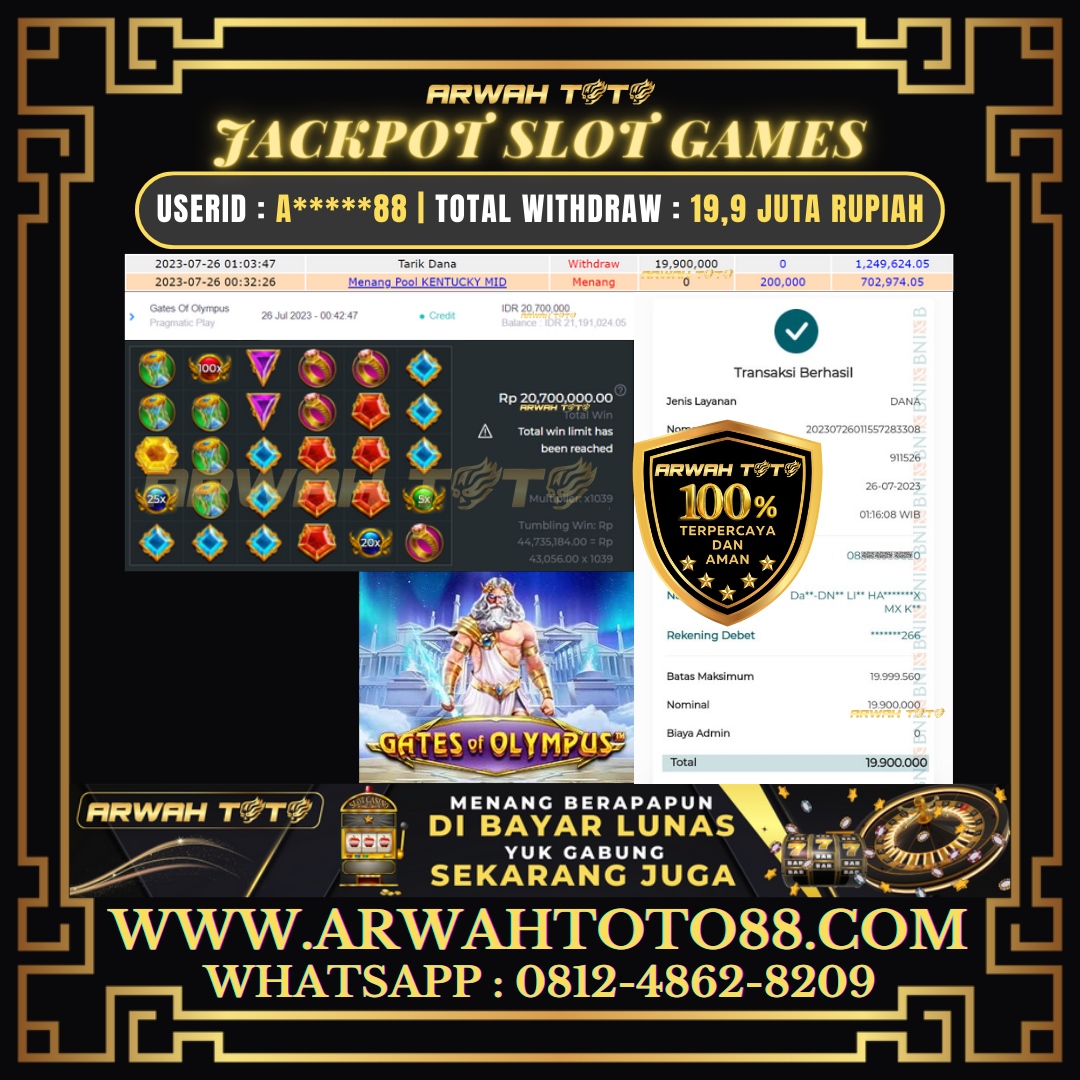 Bukti Pembayaran JP ARWAH TOTO LUNAS Jackpot SLOT Withdraw Berhasil Rp 19.900.000