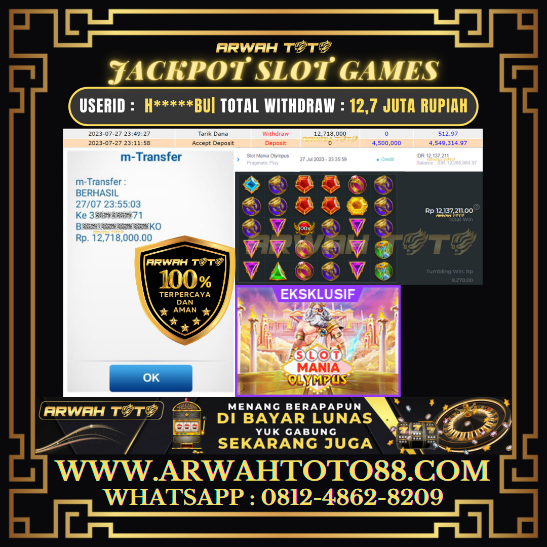 Bukti Pembayaran JP ARWAH TOTO LUNAS Jackpot SLOT Withdraw Berhasil Rp 12.718.000
