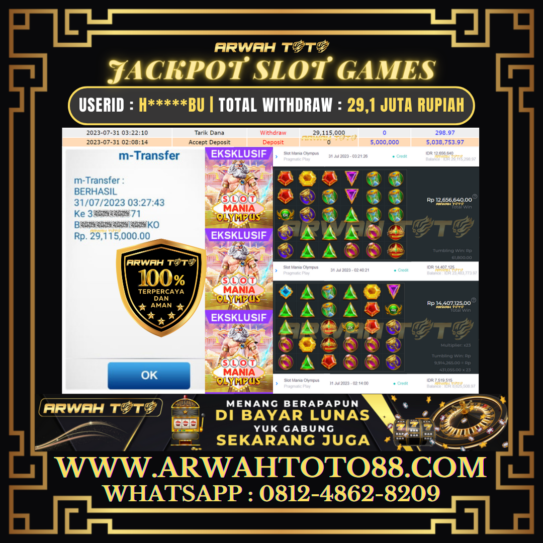 Bukti Pembayaran JP ARWAH TOTO LUNAS Jackpot SLOT Withdraw Berhasil Rp 29.115.000