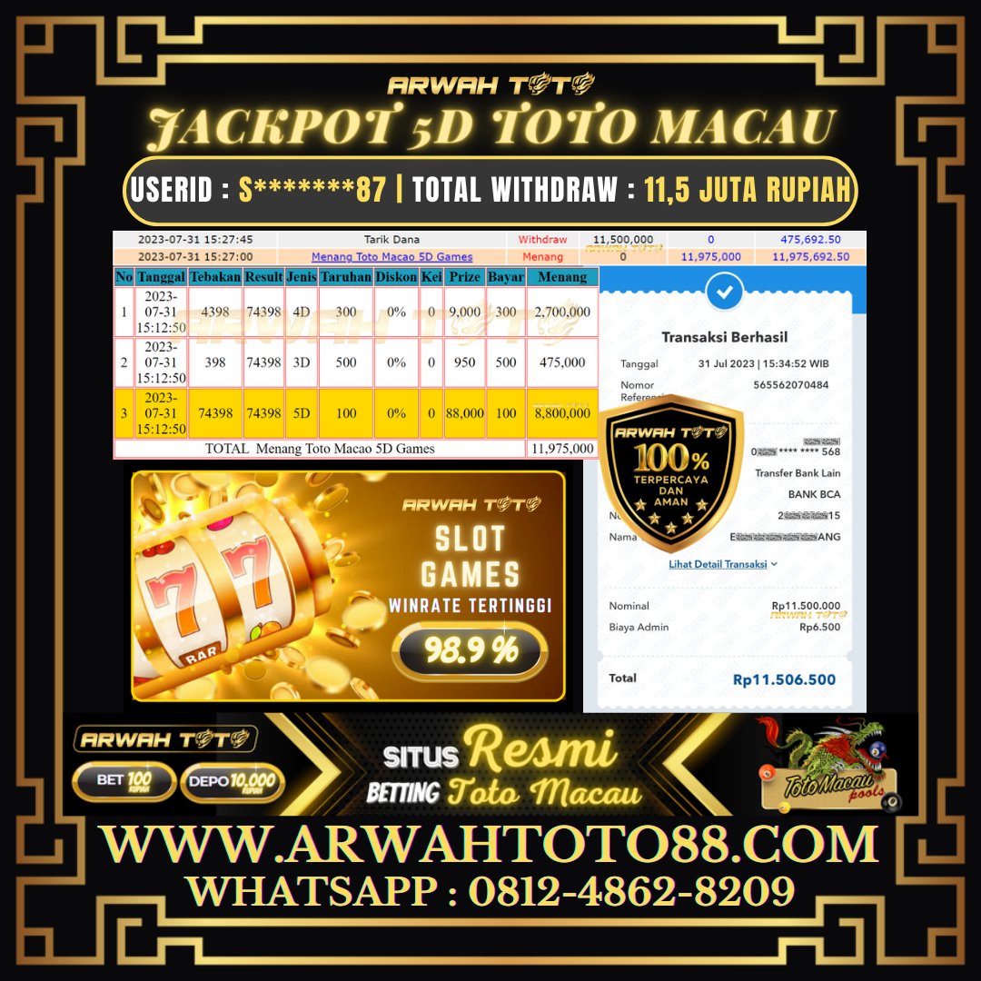 Bukti Pembayaran JP ARWAH TOTO LUNAS Jackpot 5D TOTO MACAU Withdraw Berhasil Rp 11.500.000