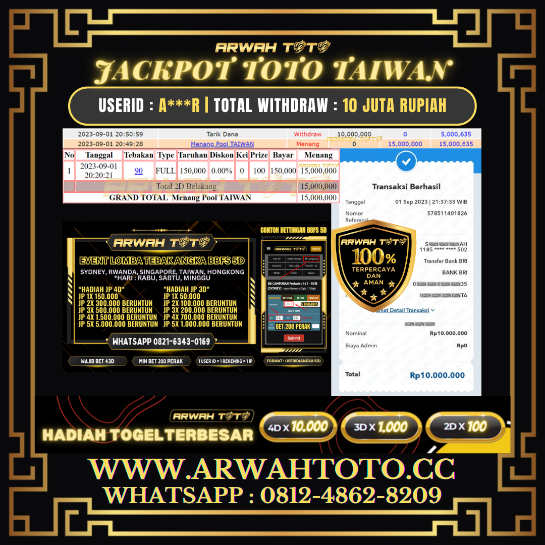 Bukti Pembayaran JP ARWAH TOTO LUNAS Jackpot TOTO TAIWAN Withdraw Berhasil Rp 10.000.000