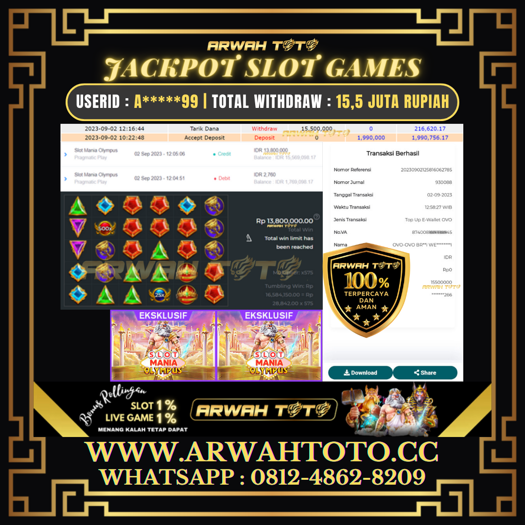 Bukti Pembayaran JP ARWAH TOTO LUNAS Jackpot SLOT GAMES Withdraw Berhasil Rp 15.500.000