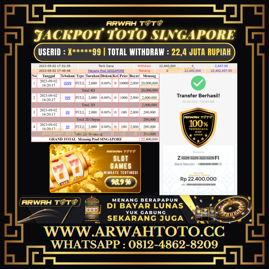Bukti Pembayaran JP ARWAH TOTO LUNAS Jackpot TOTO SINGAPORE Withdraw Berhasil Rp 22.400.000