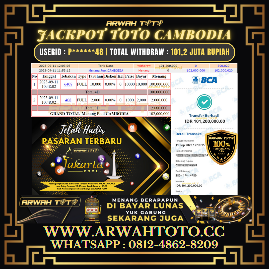 Bukti Pembayaran JP ARWAH TOTO LUNAS Jackpot TOTO CAMBODIA Withdraw Berhasil Rp 101.200.000