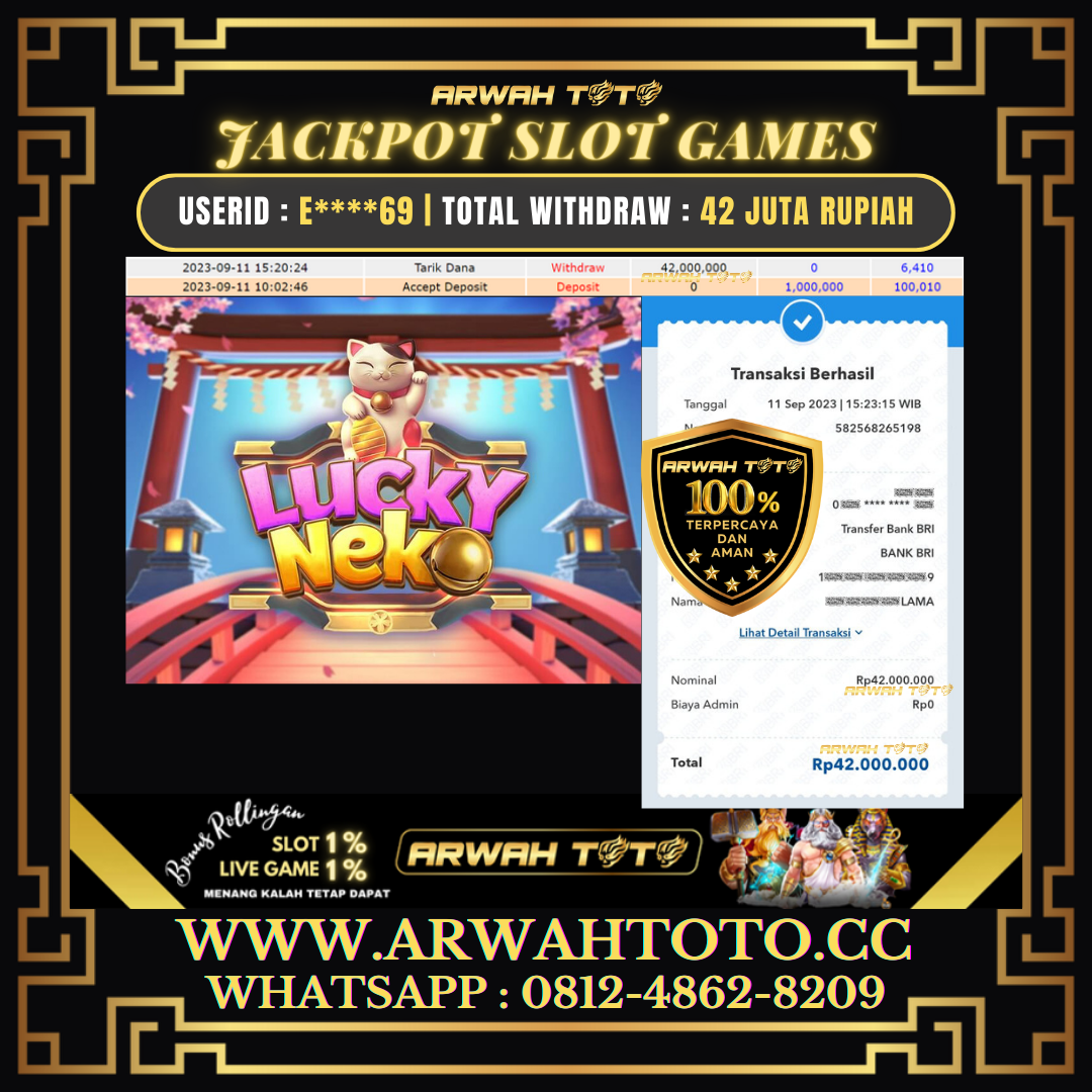 Bukti Pembayaran JP ARWAH TOTO LUNAS Jackpot SLOT GAMES Withdraw Berhasil Rp 42.000.000