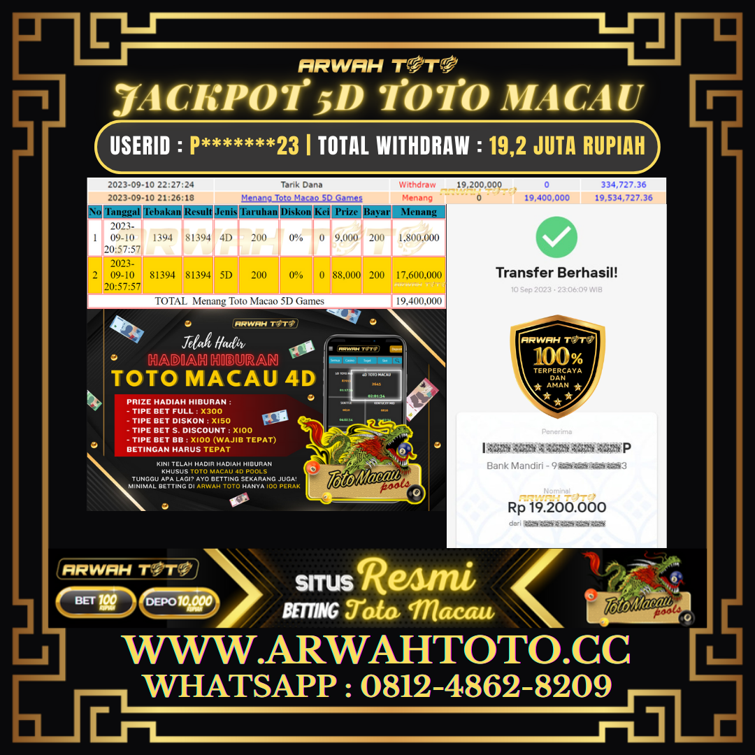 Bukti Pembayaran JP ARWAH TOTO LUNAS Jackpot 5D TOTO MACAU Withdraw Berhasil Rp 19.200.000