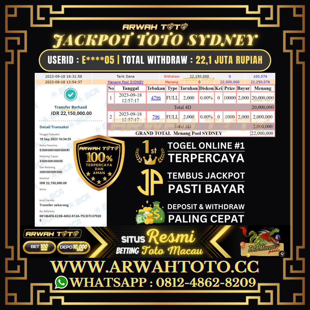 Bukti Pembayaran JP ARWAH TOTO LUNAS Jackpot TOTO SYDNEY Withdraw Berhasil Rp 22.150.000