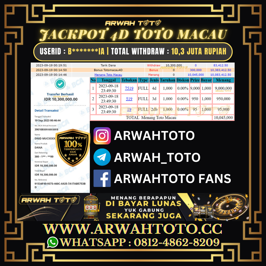 Bukti Pembayaran JP ARWAH TOTO LUNAS Jackpot 4D TOTO MACAU Withdraw Berhasil Rp 10.300.000