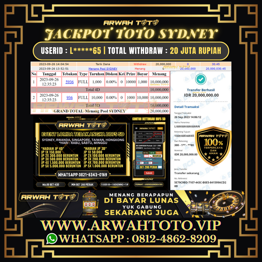Bukti Pembayaran JP ARWAH TOTO LUNAS Jackpot TOTO SYDNEY Withdraw Berhasil Rp 20.000.000