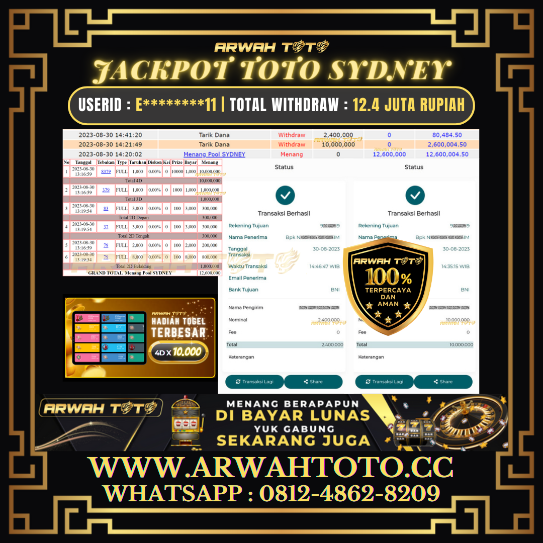 Bukti Pembayaran JP ARWAH TOTO LUNAS Jackpot TOTO SYDNEY Withdraw Berhasil Rp 12.400.000