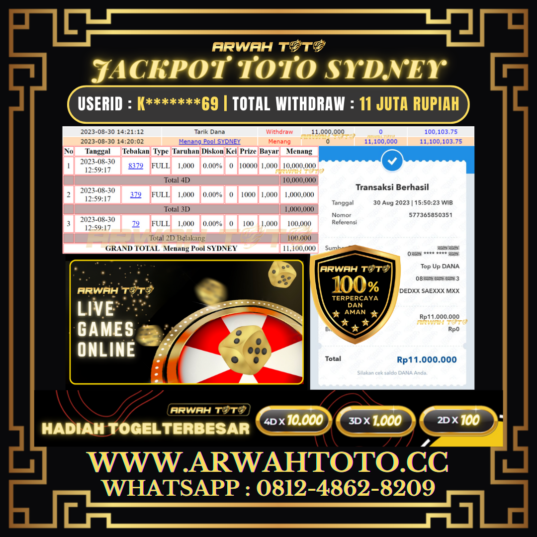 Bukti Pembayaran JP ARWAH TOTO LUNAS Jackpot TOTO SYDNEY Withdraw Berhasil Rp 11.000.000