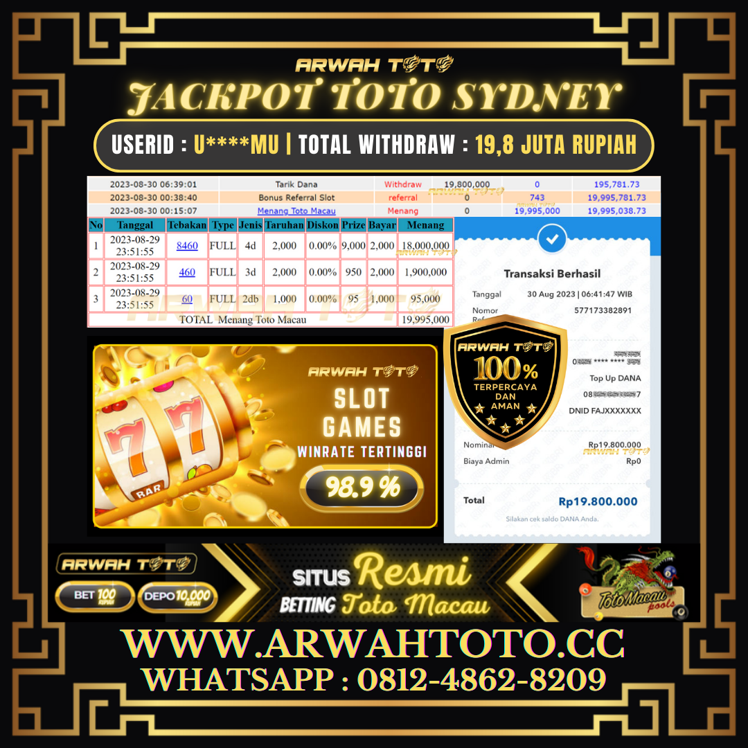 Bukti Pembayaran JP ARWAH TOTO LUNAS Jackpot 4D TOTO MACAU Withdraw Berhasil Rp 19.800.000