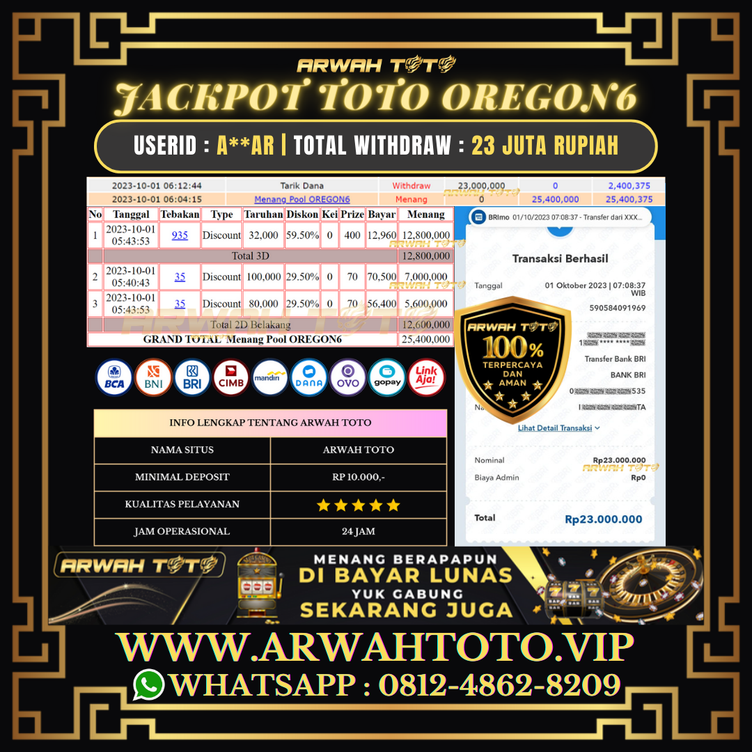 ARWAH TOTO JP DIBAYAR LUNAS Jackpot TOTO OREGON6 Withdraw Berhasil Rp 23.000.000