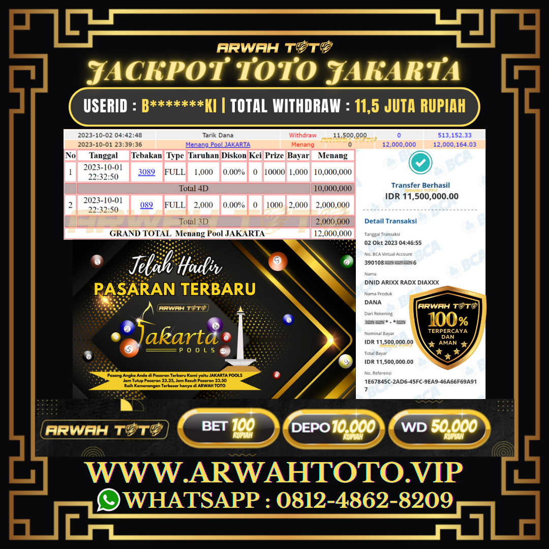 ARWAH TOTO JP DIBAYAR LUNAS Jackpot TOTO JAKARTA Withdraw Berhasil Rp 11.500.000
