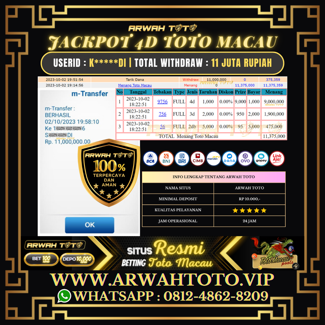 ARWAH TOTO JP DIBAYAR LUNAS Jackpot 4D TOTO MACAU Withdraw Berhasil Rp 11.000.000