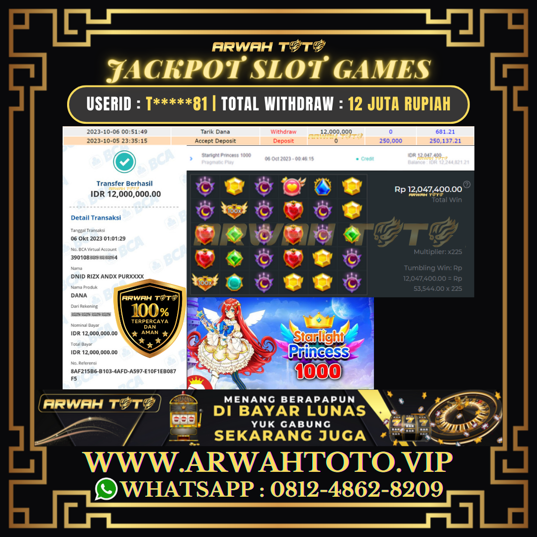 ARWAH TOTO JP DIBAYAR LUNAS Jackpot SLOT GAMES Withdraw Berhasil Rp 12.000.000