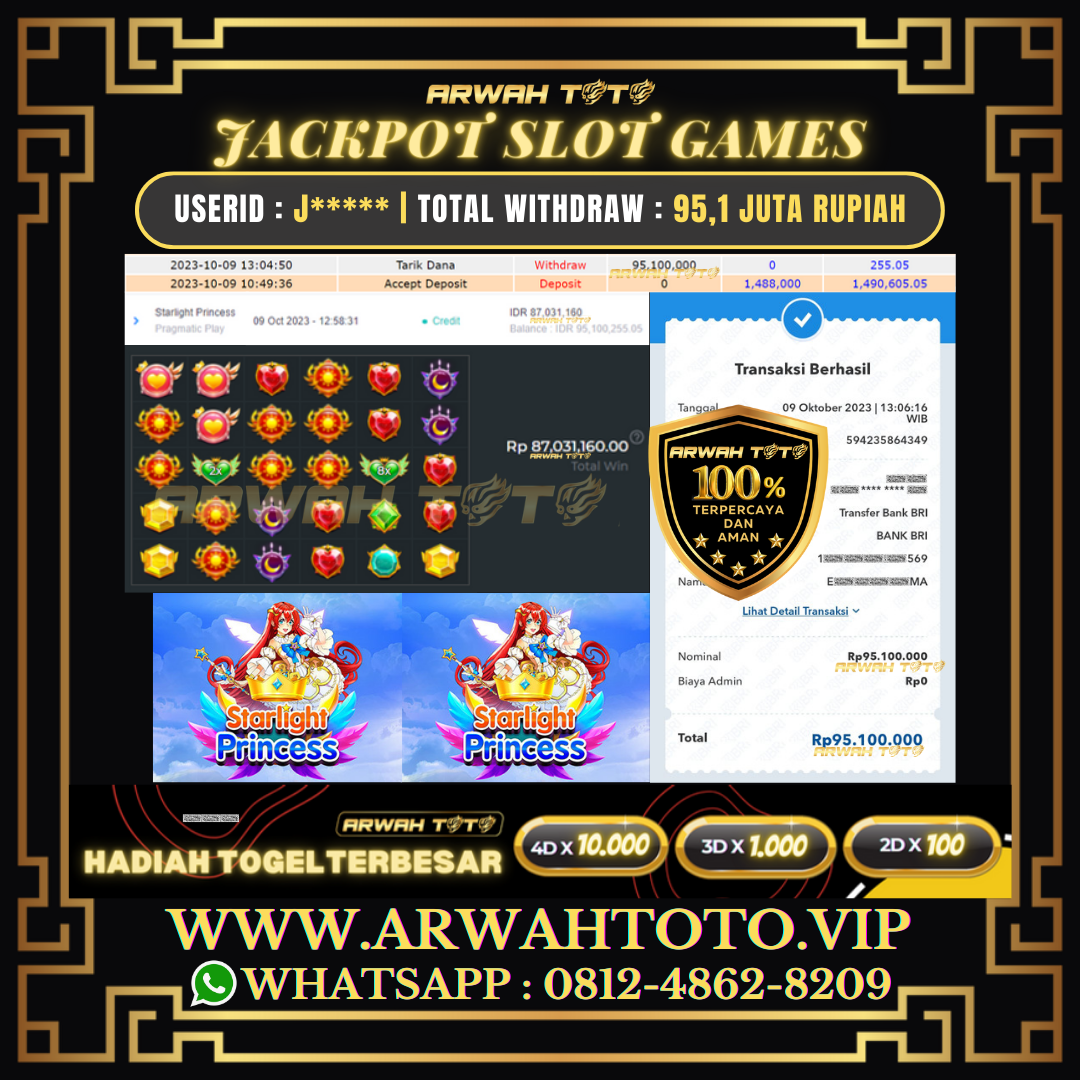 ARWAH TOTO JP DIBAYAR LUNAS Jackpot SLOT GAMES Withdraw Berhasil Rp 95.100.000