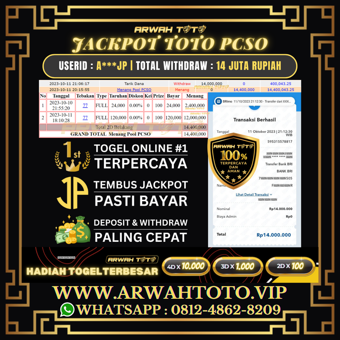 ARWAH TOTO JP DIBAYAR LUNAS Jackpot TOTO PCSO Withdraw Berhasil Rp 14.000.000