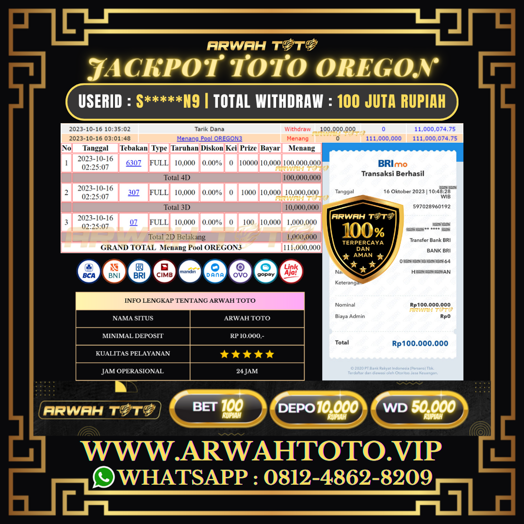 ARWAH TOTO JP DIBAYAR LUNAS Jackpot TOTO OREGON3 Withdraw Berhasil Rp 100.000.000