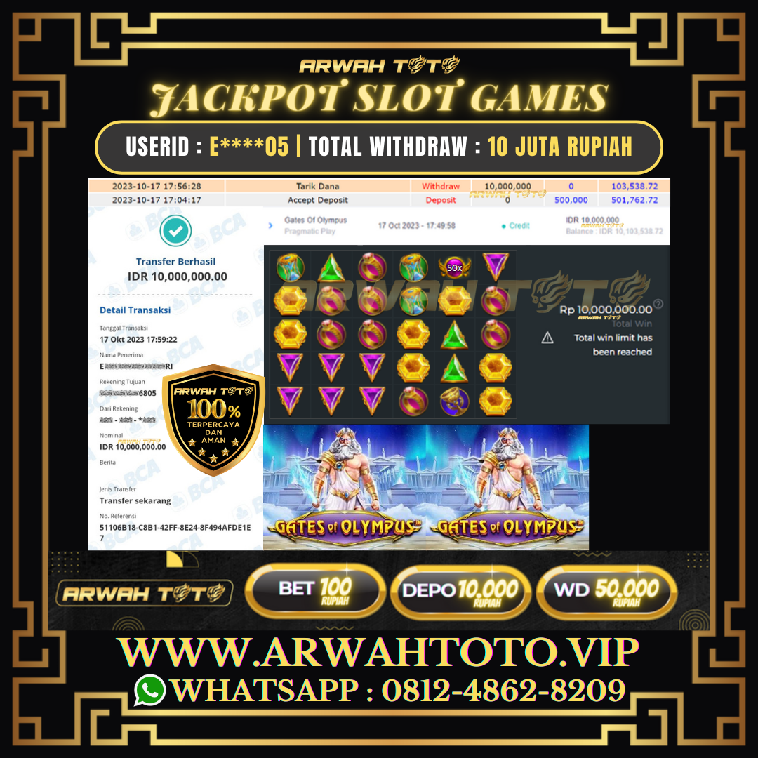 ARWAH TOTO JP DIBAYAR LUNAS Jackpot SLOT GAMES Withdraw Berhasil Rp 10.000.000