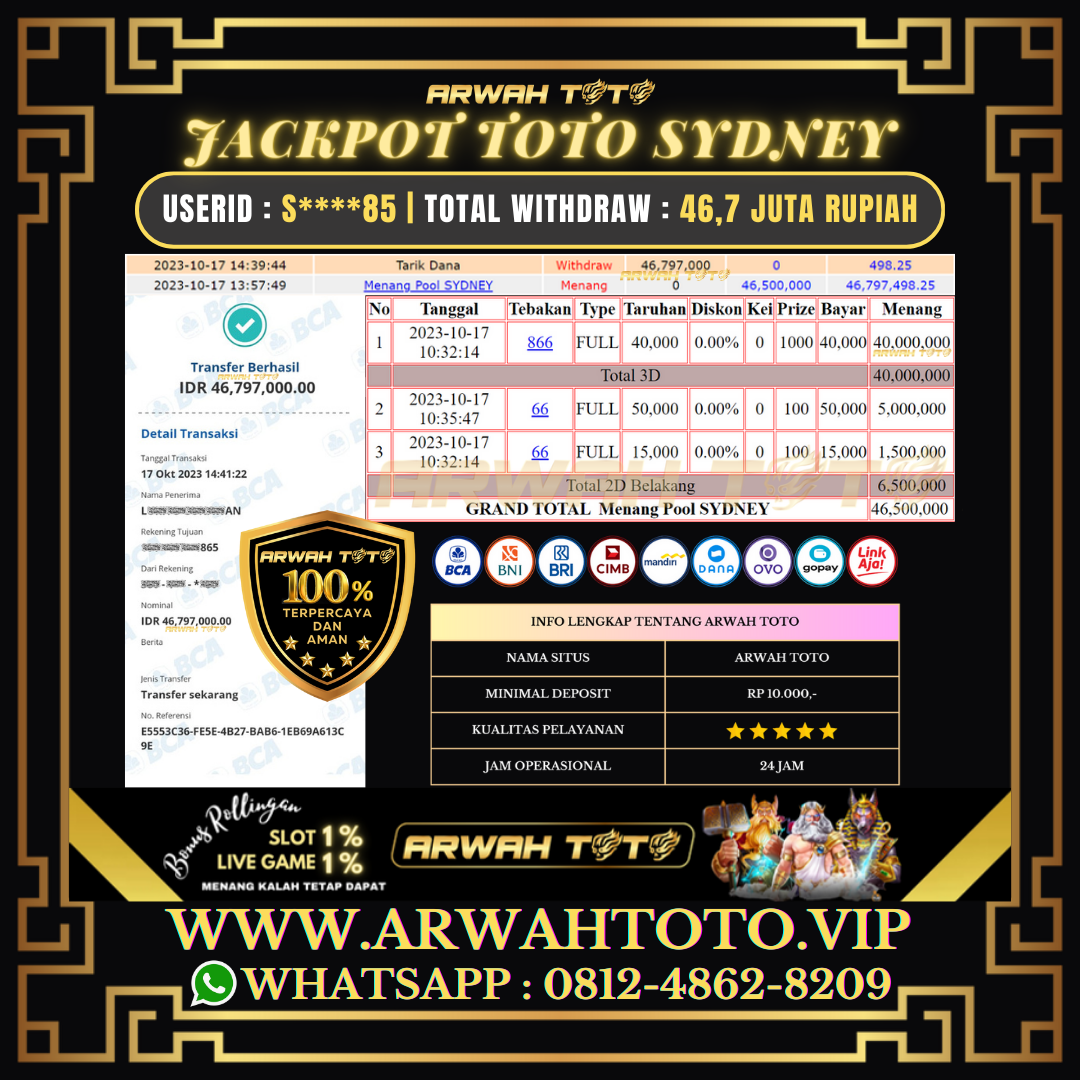ARWAH TOTO JP DIBAYAR LUNAS Jackpot TOTO SYDNEY Withdraw Berhasil Rp 49.797.000