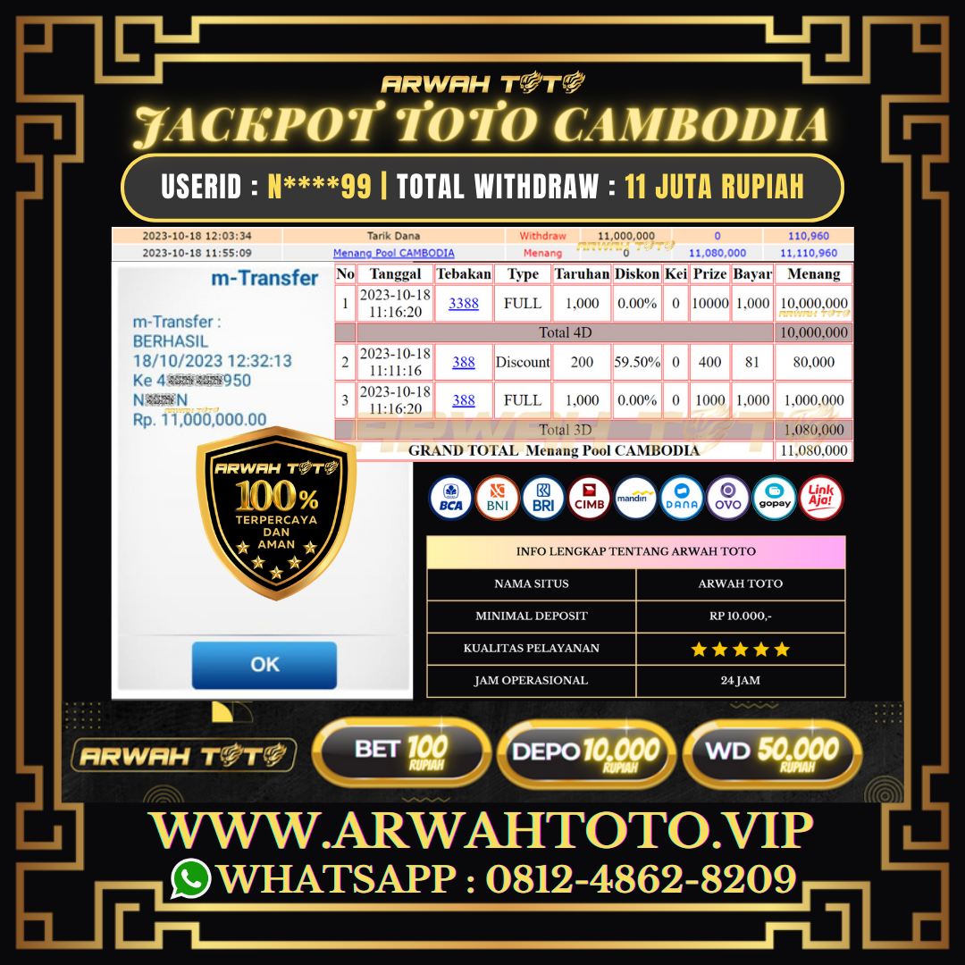 ARWAH TOTO JP DIBAYAR LUNAS Jackpot TOTO CAMBODIA Withdraw Berhasil Rp 11.000.000