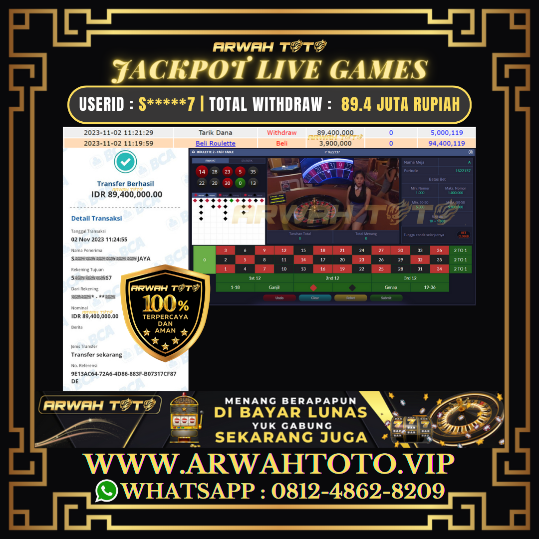 ARWAH TOTO JP DIBAYAR LUNAS Jackpot ROULETTE LIVE GAME HONGKONG Withdraw Berhasil Rp 89.400.000