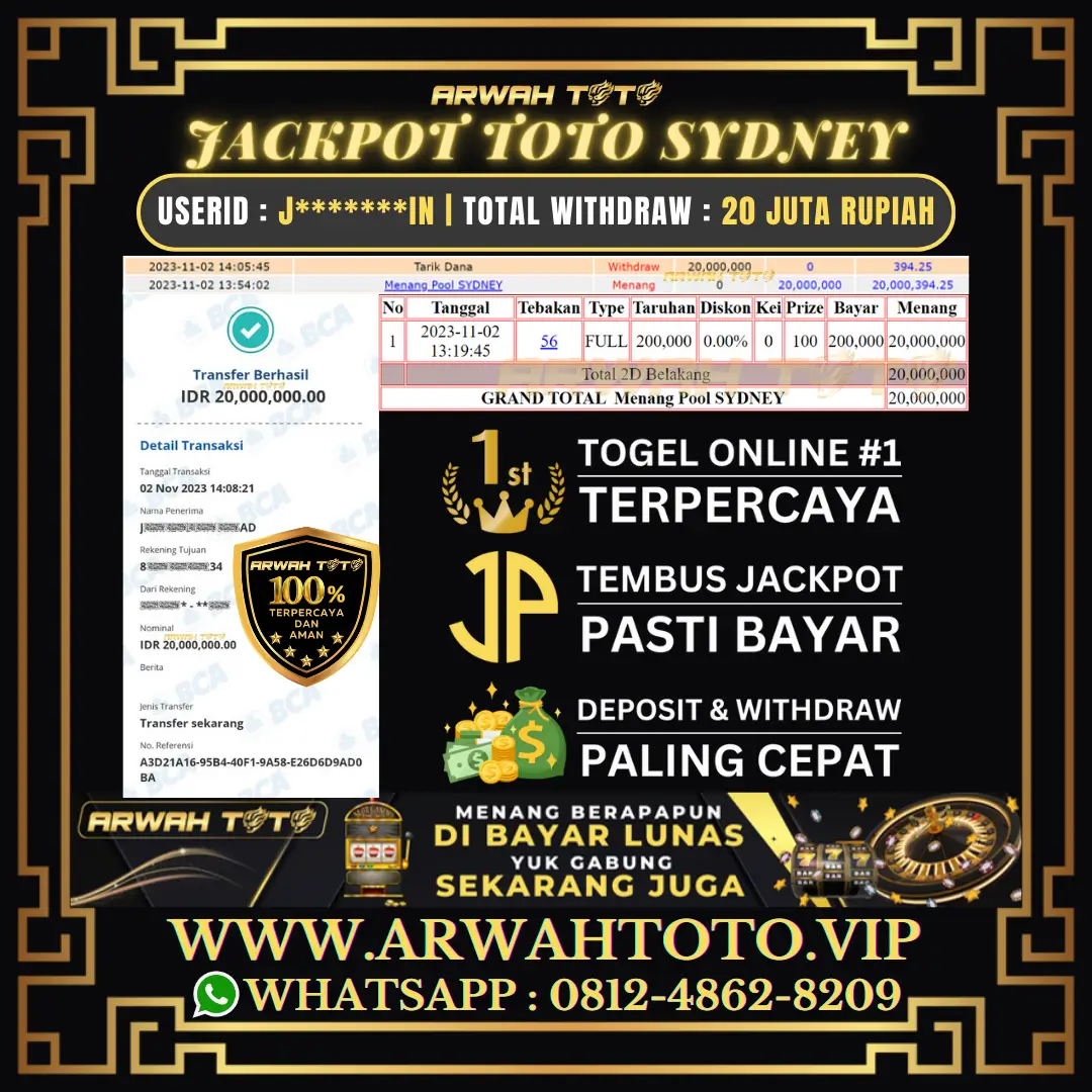 ARWAH TOTO JP DIBAYAR LUNAS Jackpot TOTO SYDNEY Withdraw Berhasil Rp 20.000.000