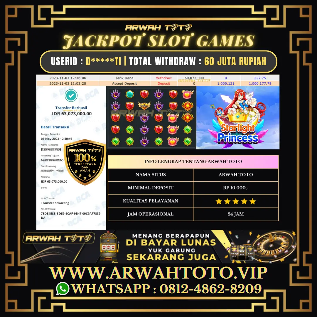 ARWAH TOTO JP DIBAYAR LUNAS Jackpot SLOT GAMES Withdraw Berhasil Rp 60.073.000