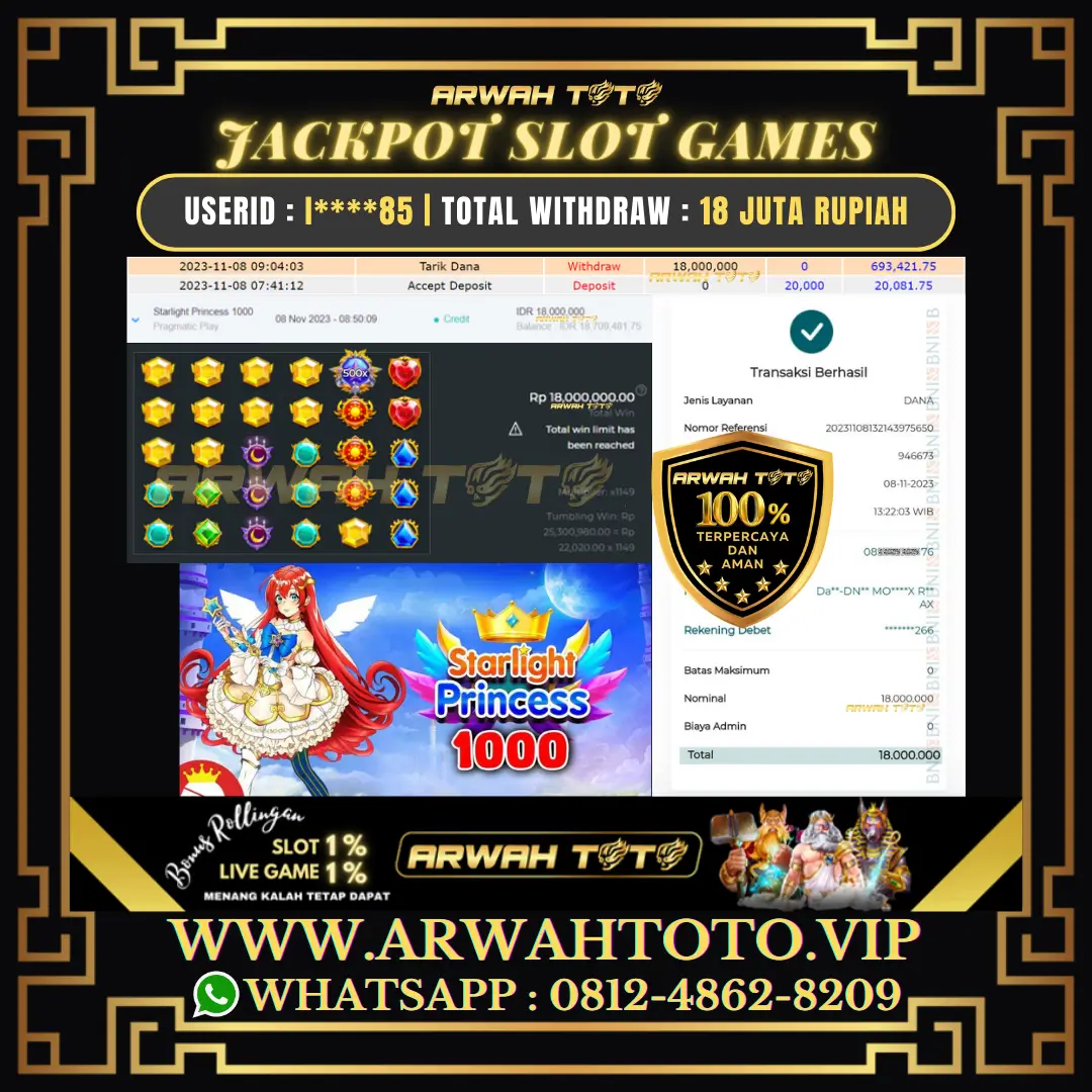 ARWAH TOTO JP DIBAYAR LUNAS Jackpot SLOT GAMES Withdraw Berhasil Rp 18.000.000