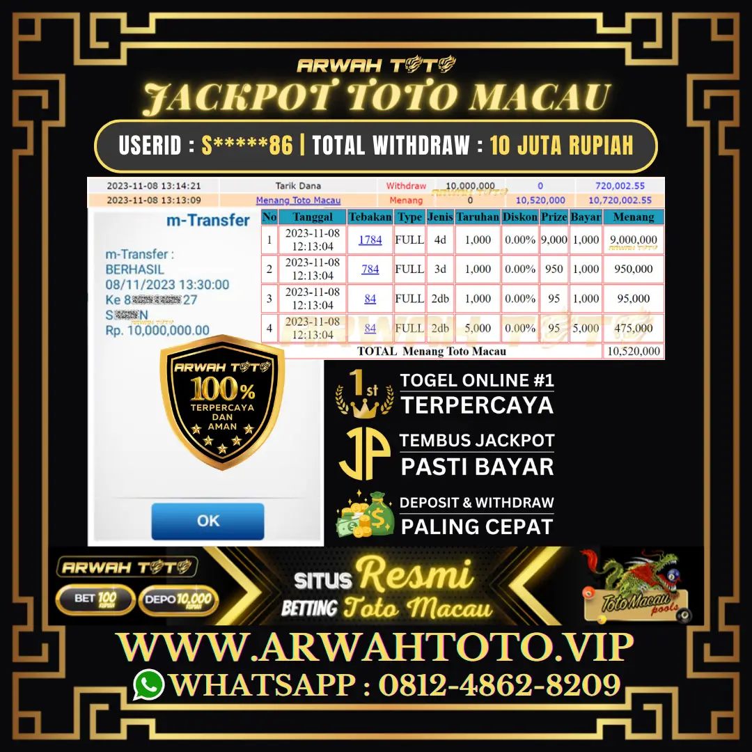 ARWAH TOTO JP DIBAYAR LUNAS Jackpot 4D TOTO MACAU Withdraw Berhasil Rp 10.000.000