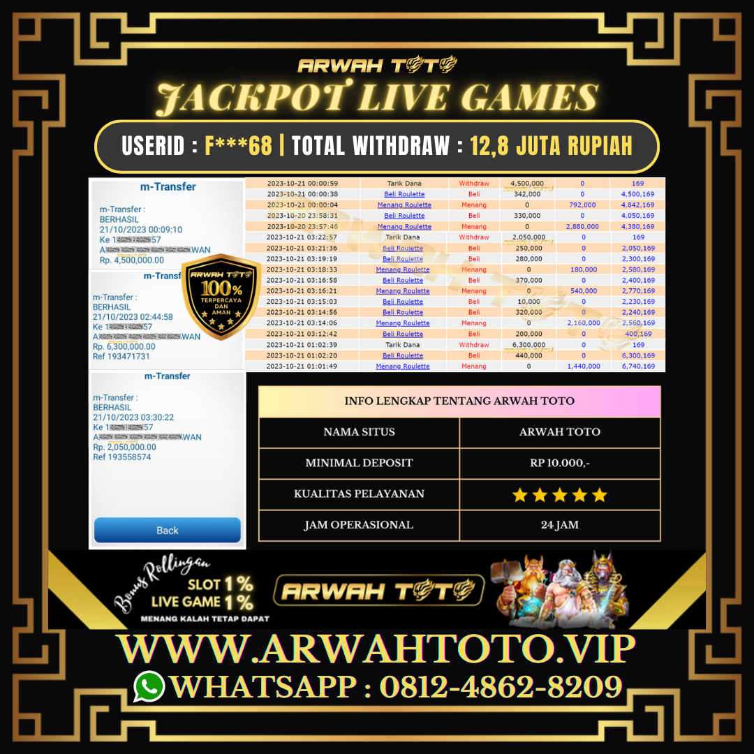 ARWAH TOTO JP DIBAYAR LUNAS Jackpot LIVE GAMES Withdraw Berhasil Rp 12.850.000