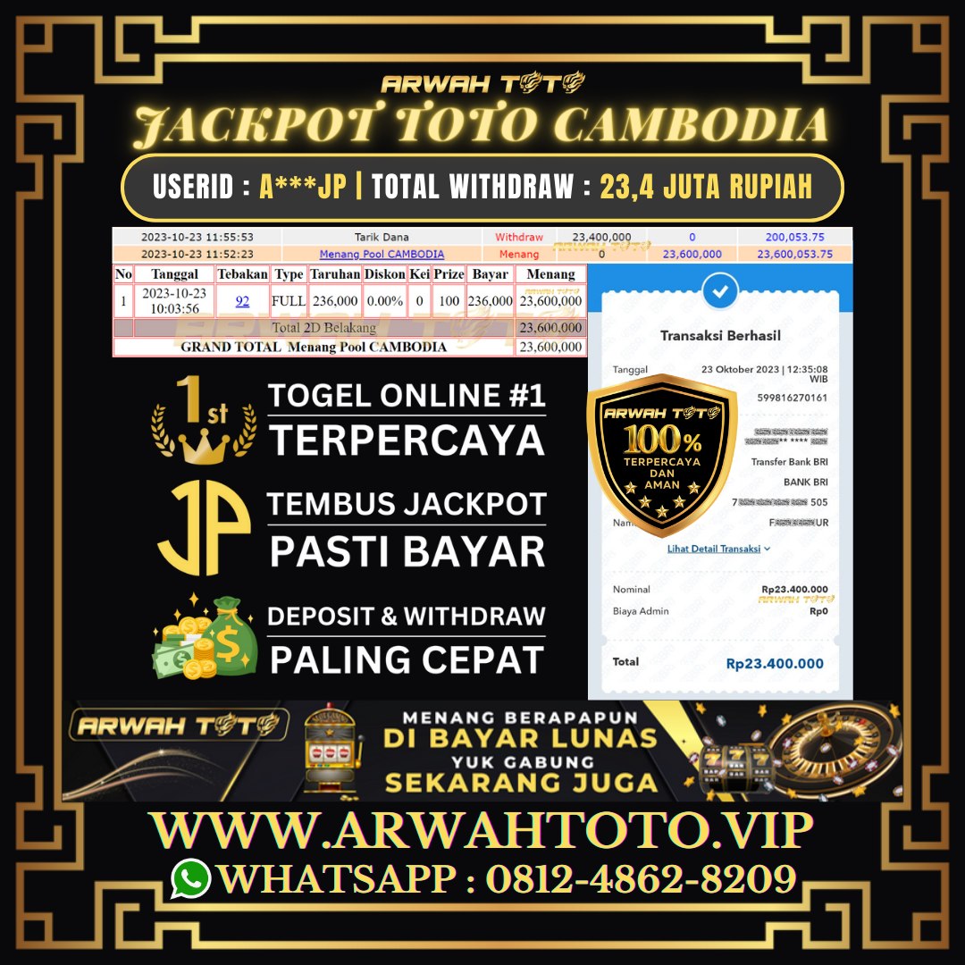 ARWAH TOTO JP DIBAYAR LUNAS Jackpot TOTO cambodia Withdraw Berhasil Rp 23.400.000