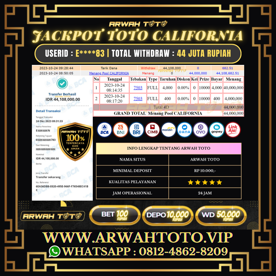 ARWAH TOTO JP DIBAYAR LUNAS Jackpot TOTO CALIFORNIA Withdraw Berhasil Rp 44.000.000